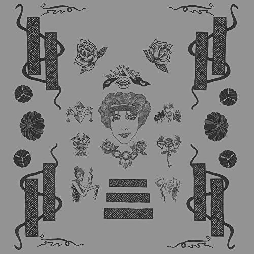 Black and white album cover with a central face and floral designs.