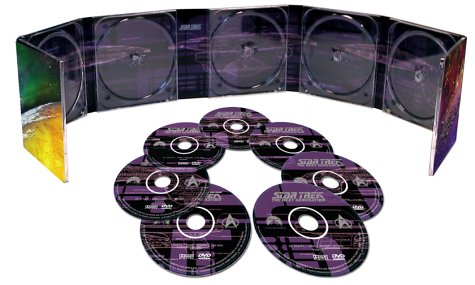 "Silver and purple DVD case for Star Trek: The Next Generation Season 1."