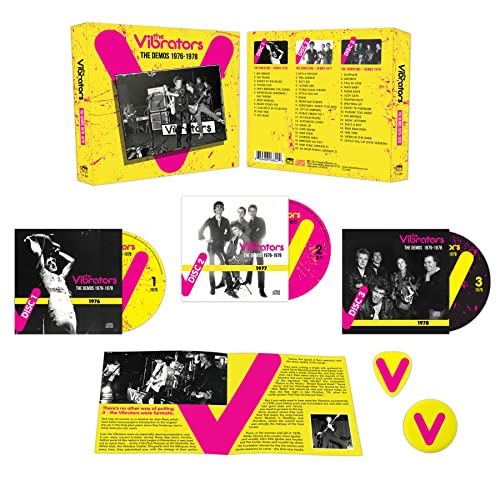 The Vibrators" 3-CD demo collection in yellow packaging with band photos.