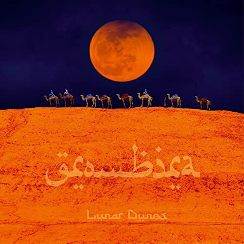 CD cover: orange dunes, camels, and a large red moon in a night sky.