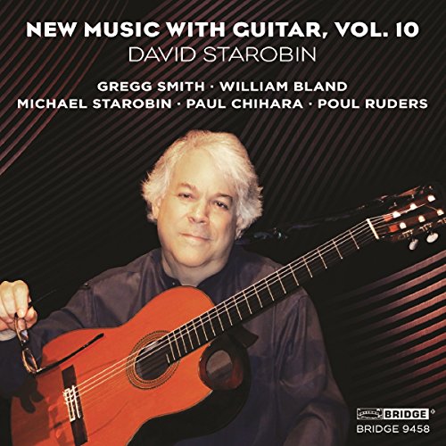 Album cover with David Starobin holding a guitar, against a dark striped background.