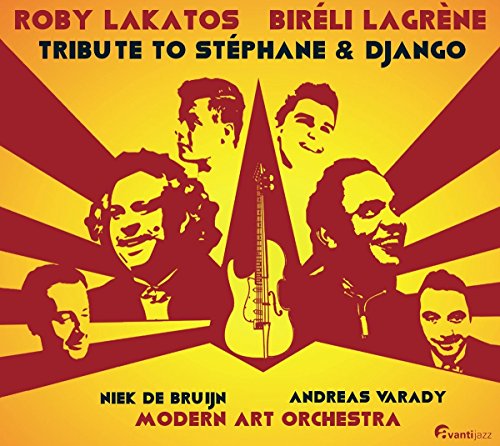 "Album cover with yellow and red background, featuring silhouettes of musicians and a guitar."
