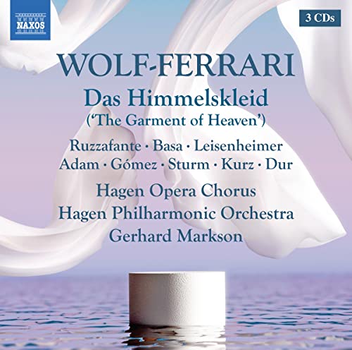 CD cover for Wolf-Ferrari’s “Das Himmelskleid” with blue and white fabric.
