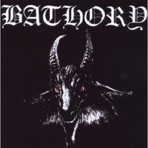 Black and white image of a goat’s head with red eyes, band name “Bathory”.