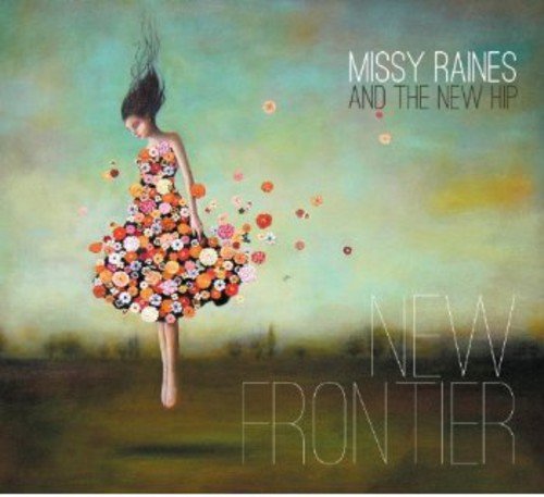 "Album cover art: woman in floral dress floating, surrounded by flowers, with 'New Frontier' text."
