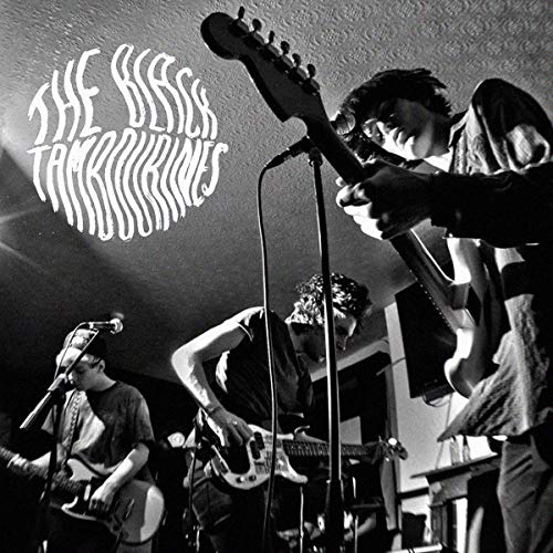 Black and white photo of a band performing with guitars onstage.