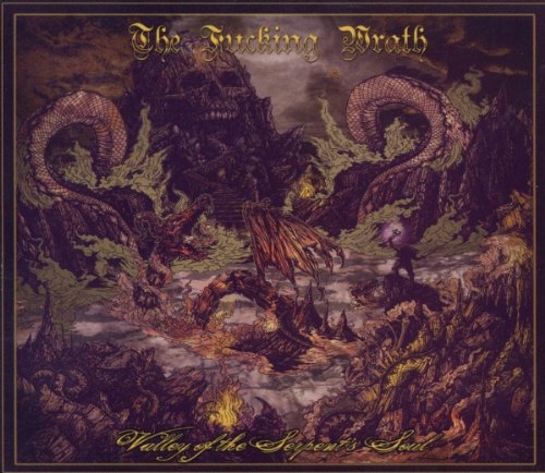 Dark fantasy album cover with dragons, a castle, and a fiery landscape.