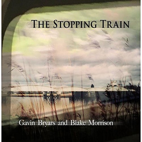 "CD cover with a train and cloudy sky, titled 'The Stopping Train'."