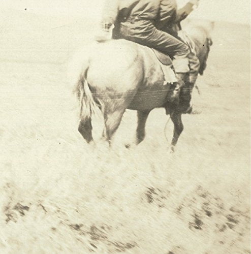 Sepia-toned photo of a cowboy on horseback in a field.