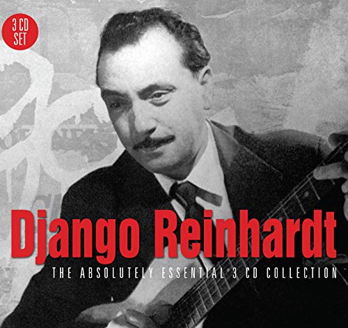 Black and white portrait of Django Reinhardt with his guitar, CD set.
