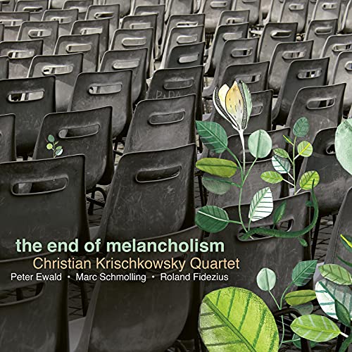 CD cover with rows of black chairs and illustrated plant growth.