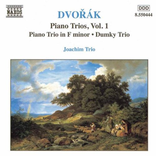 "CD cover with pastoral landscape painting and text describing Dvorak's Piano Trios, Vol. 1."