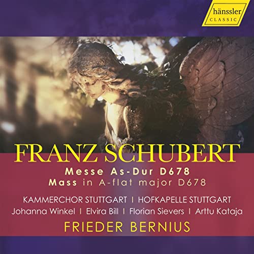 CD cover for Schubert's Mass in A-flat Major, featuring angelic sculpture.