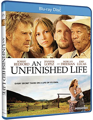 Blu-ray cover for “An Unfinished Life” featuring Robert Redford, Jennifer Lopez, and Morgan Freeman.