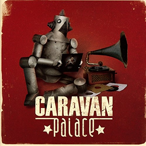 "Album cover featuring a robot listening to a gramophone on a red background."