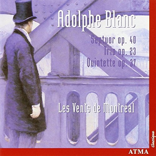 "CD cover with man in top hat on purple-toned bridge illustration, red border."