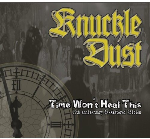 "Album cover with 'Knuckle Dust' in yellow, clock and faded background image."
