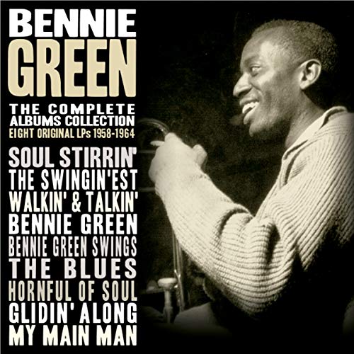 "Black and white album cover with Bennie Green playing a trombone."