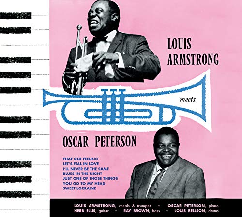 "Album cover featuring black-and-white portraits of Louis Armstrong and Oscar Peterson on pink background."
