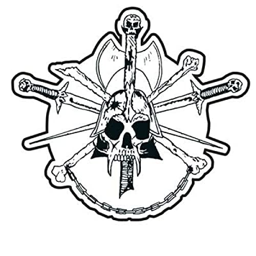 Black and white skull with crossed weapons and chain detail.