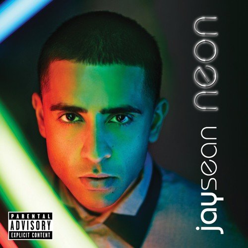 "Album cover featuring Jay Sean's face with neon lights and 'parental advisory' label."