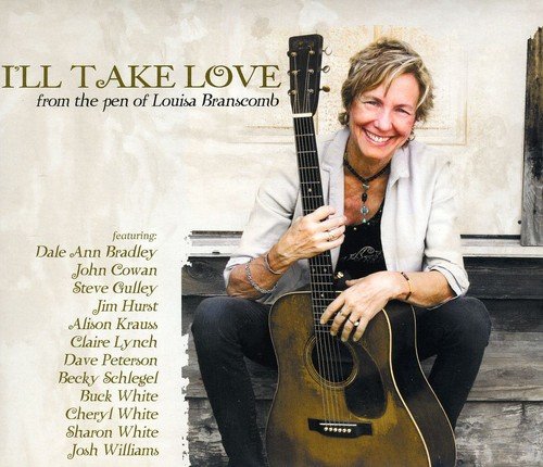A woman sits holding a guitar, smiling, with album title and artist names.