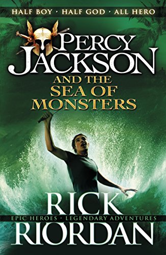 "Book cover of 'Percy Jackson and the Sea of Monsters' featuring a boy holding a sword."