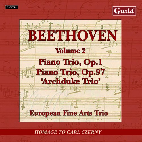 Red CD cover with sheet music background and Beethoven's name prominently displayed.