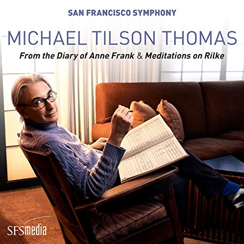 "CD cover featuring Michael Tilson Thomas reading sheet music in a chair."