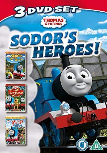 Sodor's Heroes" DVD cover featuring Thomas the Tank Engine and three smaller DVD cases.