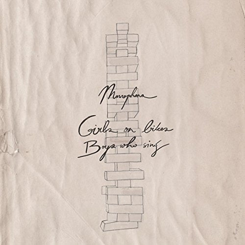 "Album cover with 'Girls on Bikes Boys who sing' text and brick drawing on beige background."