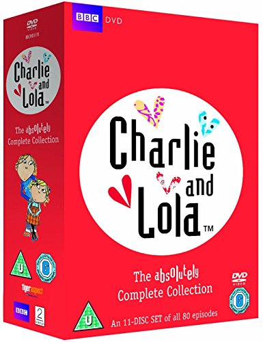 "Red DVD box set with 'Charlie and Lola' title and cartoon siblings on the cover."