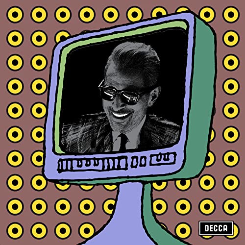 Jeff Goldblum smiling on a vintage television, colorful polka dot background.
