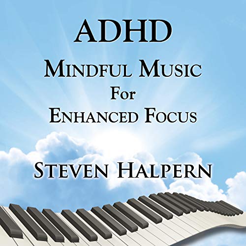 CD cover with piano keys, blue sky, and text: "ADHD Mindful Music.