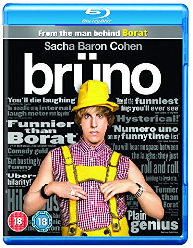 Blu-ray cover for Brüno featuring Sacha Baron Cohen in a yellow hat and lederhosen.