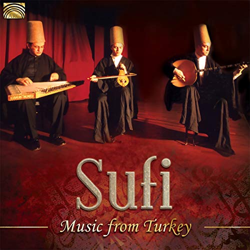 Three musicians in tall hats playing traditional Turkish instruments.