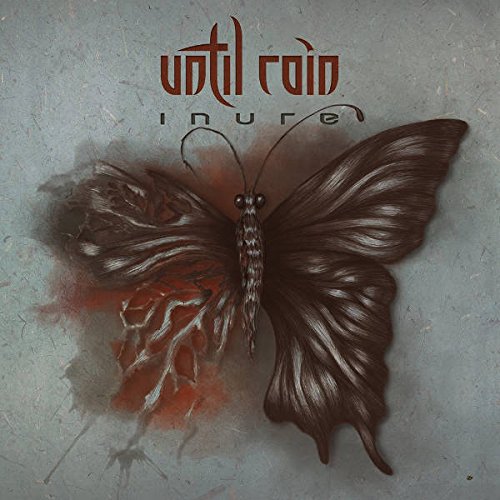 "Album cover with a dark butterfly and red accents on a gray background."