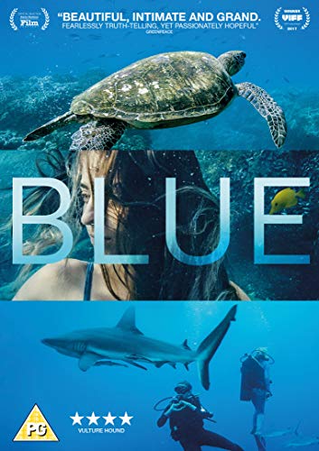 “Blue” DVD cover with sea turtle, woman, shark, and divers underwater.
