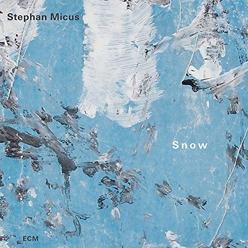 CD cover for Stephan Micus’ “Snow” with abstract blue and white paint strokes.