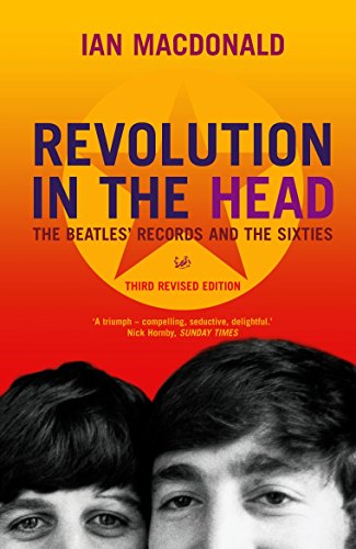 "Book cover with red and orange background, featuring close-up of two Beatles members' faces."