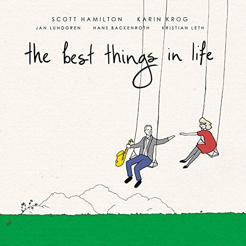 CD cover: illustration of two people on swings, with a saxophone.