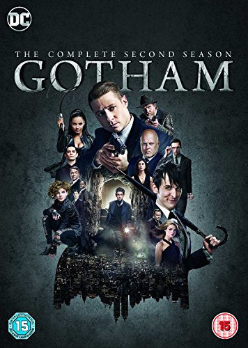 Gotham Season 2 DVD cover featuring characters in dark attire against a dark background.