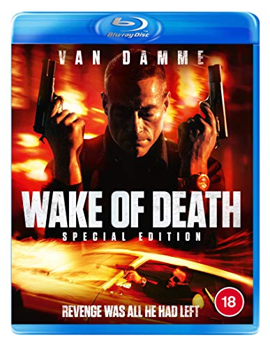 Blu-ray cover for "Wake Of Death" featuring Jean-Claude Van Damme with guns.