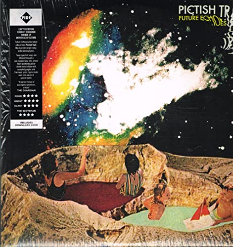 Vinyl cover art showing people in a crater beneath a colorful, swirling cosmic sky.