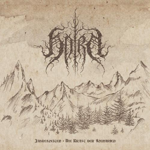 A black and white sketch of mountains and trees with stylized text above and below.