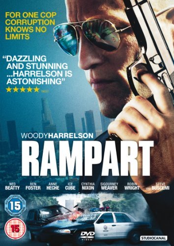 DVD cover for "Rampart" featuring Woody Harrelson holding a gun, with a cityscape.