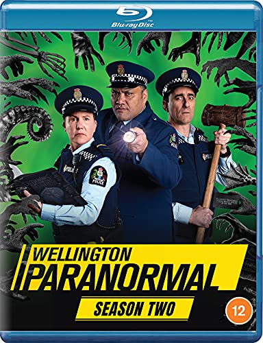 "Wellington Paranormal Season 2 Blu-ray case with three police officers and ghostly hands."
