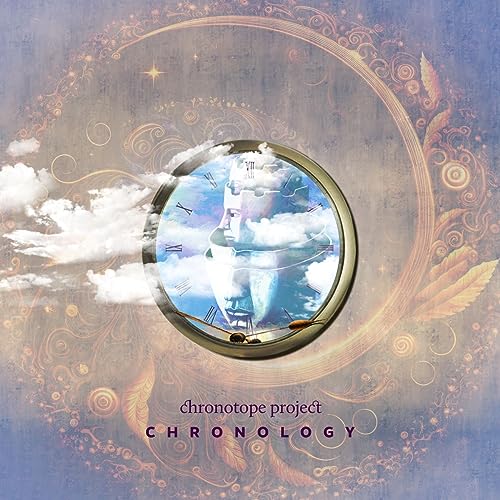CD cover with a clock face reflecting clouds and a starry sky.