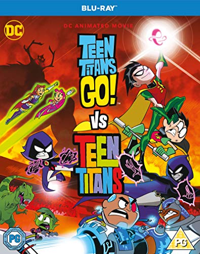 "Blu-ray cover featuring Teen Titans Go! Vs Teen Titans cartoon characters in action poses."