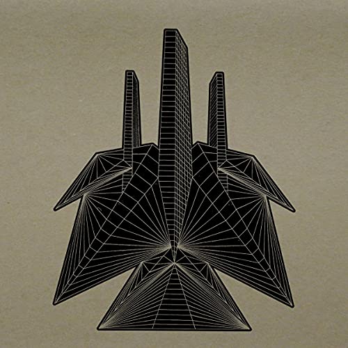 Geometric black lines forming a stylized building on a tan background.